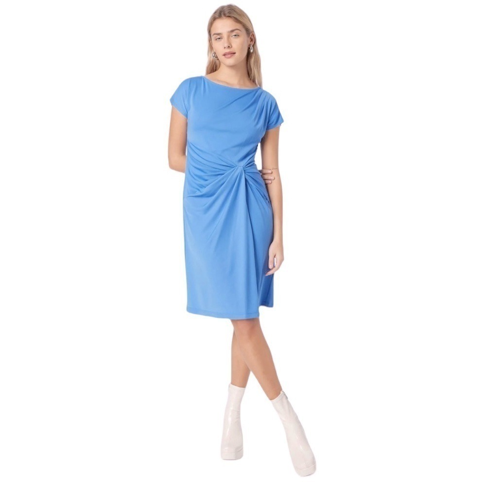 Lauren Ralph Lauren Powder Blue Faux Wrap Jersey Knit Dress Size S Ruched Mini